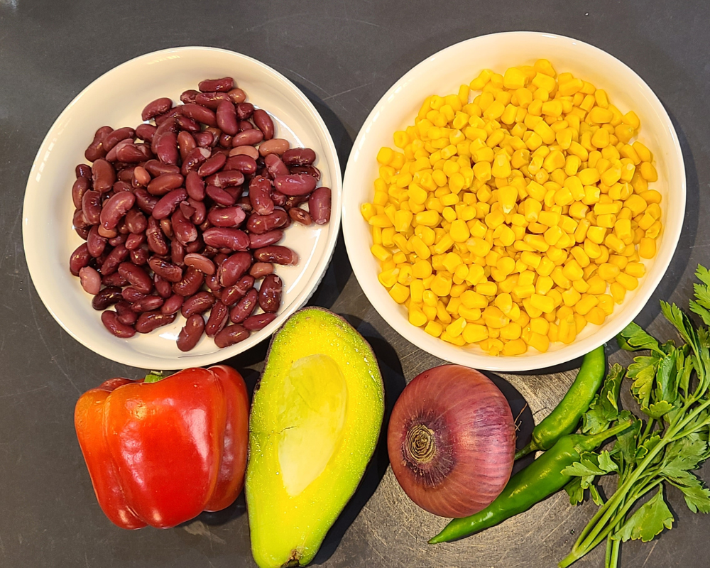 Ingredients for corn and bean salsa